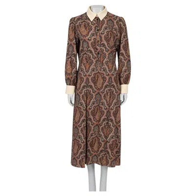 Pre-owned Celine Nwot  Fitted Paisley Print Dress Sz.42/xl In Brown