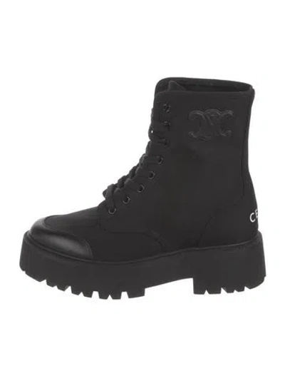 Pre-owned Celine Nylon Embroidered Accent Combat Boots In Black