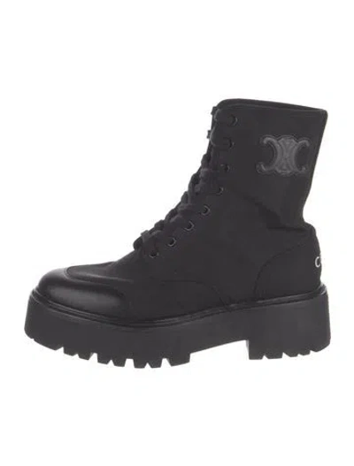 Pre-owned Celine Nylon Leather Trim Embellishment Combat Boots In Black