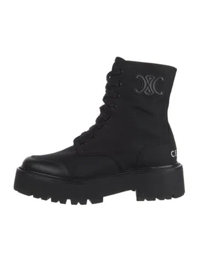 Pre-owned Celine Nylon Leather Trim Embellishment Combat Boots In Black
