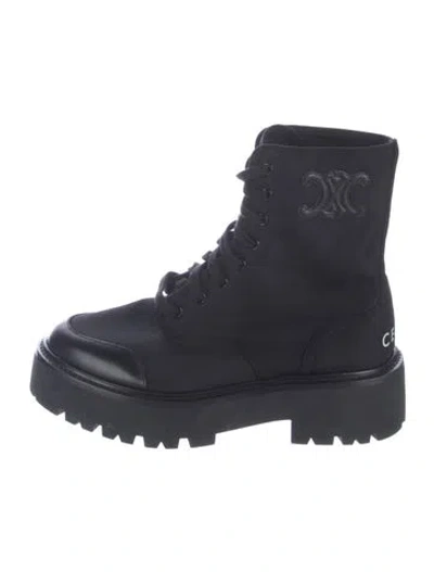 Pre-owned Celine Nylon Leather Trim Embellishment Combat Boots In Black/blue