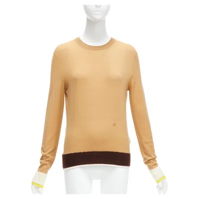Pre-owned Celine Old  Phoebe Philo 100% Wool Mohair Triomphe Logo Contrast Cuff Sweater Xs In Sand