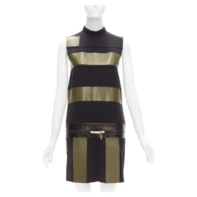 Pre-owned Celine Old  Phoebe Philo Khaki Leather Black Panel Gold Belt Dress Fr36 S