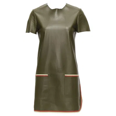 Pre-owned Celine Old  Phoebe Philo Olive Green Leather Red Cream Trim Mod Dress Fr38 M In White