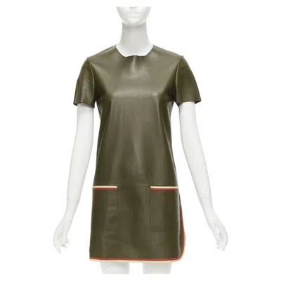 Pre-owned Celine Old  Phoebe Philo Olive Green Leather Red Cream Trim Mod Dress Fr38 M In White