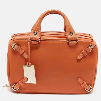Pre-owned Celine Orange Leather And Croc Embossed Trim Large Trunkette Bag