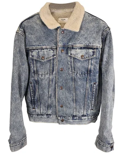 Celine Oversized Shearling-lined Bleached Denim Jacket (authentic Pre-loved) In Blue