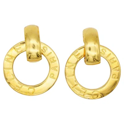 Pre-owned Celine Paris 1980s Vintage Gold Iconic Massive Logo Circle Hoop Drop Earrings In Multi