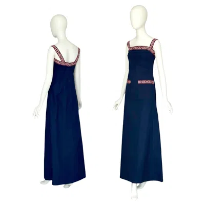 Pre-owned Celine Paris By  Vipiana Circa 1973 Bleu Cotton Red/white Logo Long Dress In Black