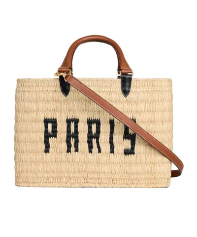Celine Paris Panier  In Raffia And Calfskin In Brown
