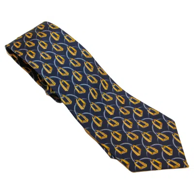 Pre-owned Celine Paris Silk Neck Tie Navy Blue And Gold Equestrian Print