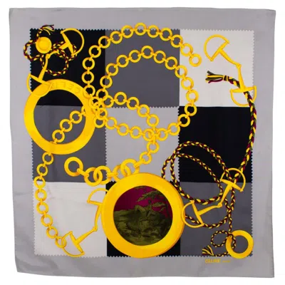 Pre-owned Celine Paris Silk Scarf Gray And Gold Equestrian Horsebit And Chains Print