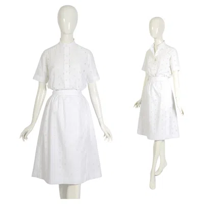 Pre-owned Celine Paris Vintage 80s White Flower Embroidered Cotton Wrap Skirt & Blouse Set