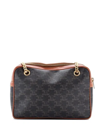 Pre-owned Celine Patapans Bag Triomphe Coated Canvas Small Shoulder Bag In Brown