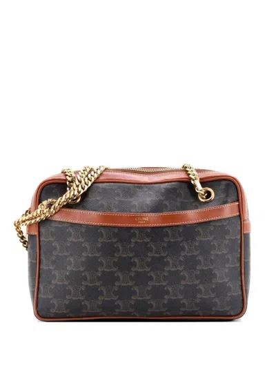 Pre-owned Celine Patapans Bag Triomphe Coated Canvas Small Shoulder Bag In Brown