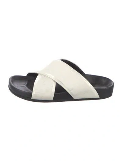 Pre-owned Celine Patent Leather Colorblock Pattern Slides In White