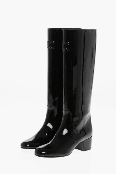 Celine Patent Leather Triomphe Boots With Embossed Logo 5cm In Black
