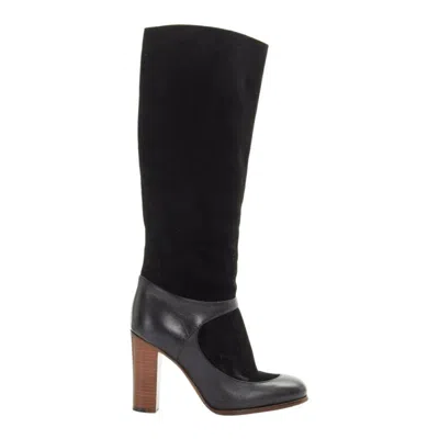 Pre-owned Celine Philo Black Suede Sock Ankle Strap Chunky Wooden Heel Tall Boot Eu35.5