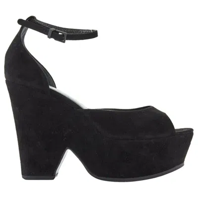 Pre-owned Celine Phoebe Philo Black Suede Cut Out Platform Wedge Ankle Cuff Heels Eu36 Us6