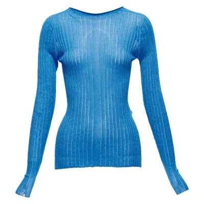 Pre-owned Celine Phoebe Philo Blue Semi Sheer Viscose Bateau Neck Ribbed Sweater L