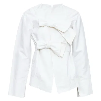 Pre-owned Celine Phoebe Philo Cream Cotton Silk Tie Front Straight Jacket Fr36 S In White