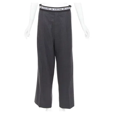 Pre-owned Celine Phoebe Philo Grey Wool Logo Waistband Wide Leg Trousers Fr34 Xs In Gray
