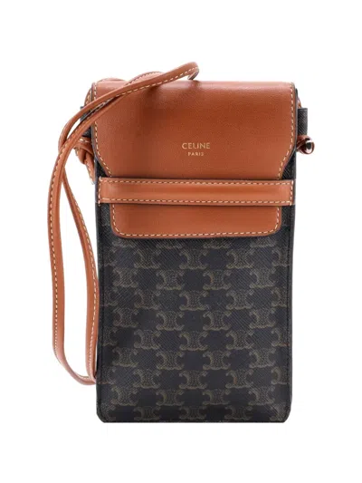 Pre-owned Celine Phone Crossbody Triomphe Coated Canvas And Leather Pouch In Brown
