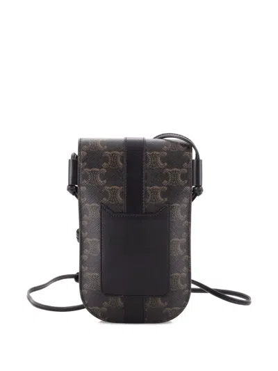 Pre-owned Celine Phone Crossbody Triomphe Coated Canvas With Leather Pouch In Black