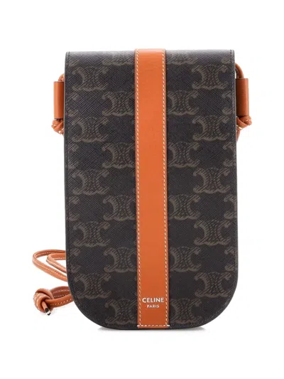 Pre-owned Celine Phone Crossbody Triomphe Coated Canvas With Leather Pouch In Brown