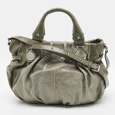 Pre-owned Celine Pillow Green/grey Snakeskin Embossed Patent Leather Tote