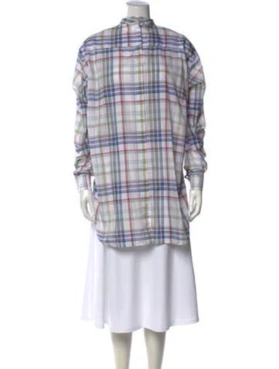 Pre-owned Celine Plaid Print Long Sleeve Button-up Top In Blue