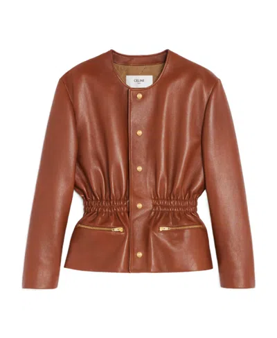 Celine Pleated Belt Leather Jacket In Brown