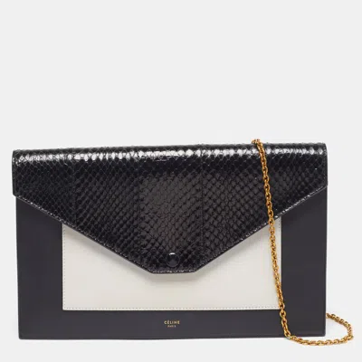 Pre-owned Celine Pocket Envelope Black/white Leather And Snakeskin Chain Clutch