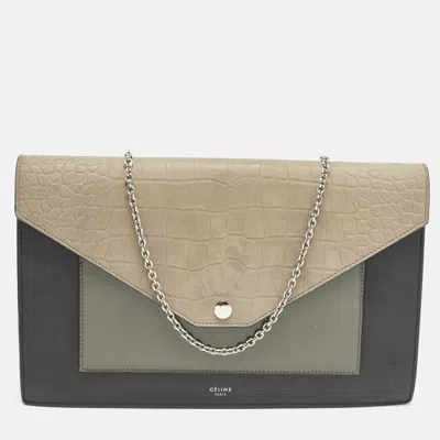 Pre-owned Celine Pocket Envelope Tricolor Croc Embossed Suede And Leather Chain Clutch In Multi