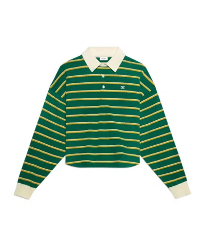 Celine Polo Sweater In Striped Cotton In Green