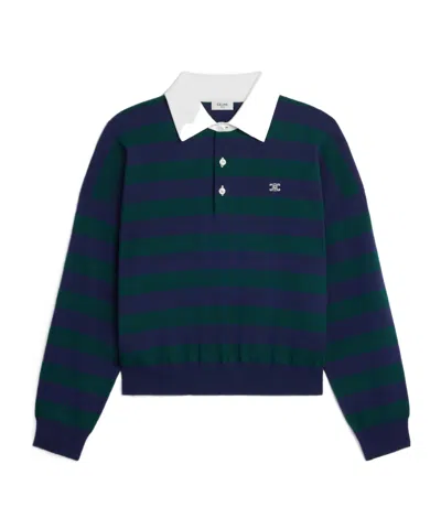 Celine Polo Sweater In Striped Wool In Blue