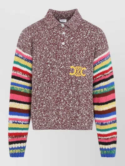 Celine Polo Sweater Striped Sleeves Ribbed Trims In Multi