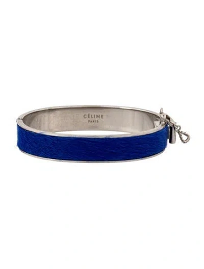 Pre-owned Celine Pony Hair Chain Hinged Bangle Bracelet, 7" In Blue