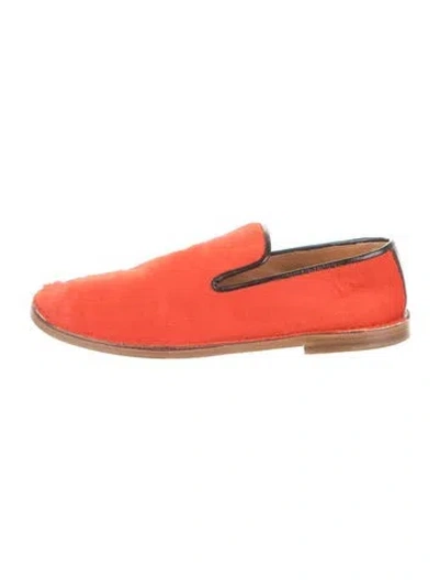 Pre-owned Celine Ponyhair Leather Trim Embellishment Loafers In Red