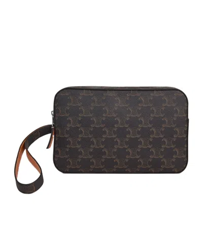 Celine Pouch With Strap In Triomphe Canvas And Calfskin In Brown