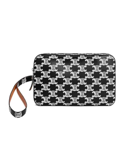 Celine Pouch With Strap In Triomphe Canvas And Calfskin In Black