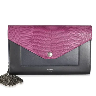 Pre-owned Celine Purple Lizard Black Calfskin Pocket Envelope Wallet On Chain