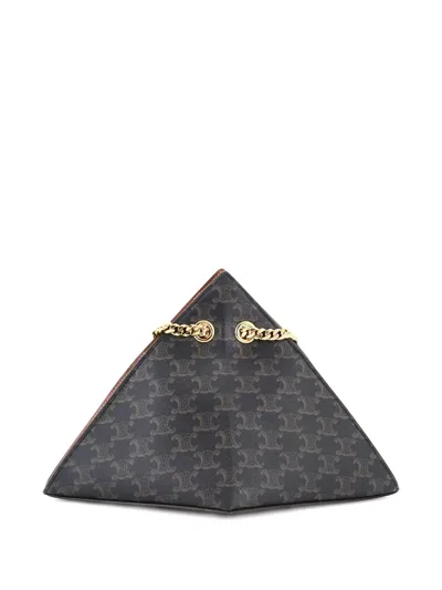 Pre-owned Celine Pyramid Chain Triomphe Coated Canvas Shoulder Bag In Brown