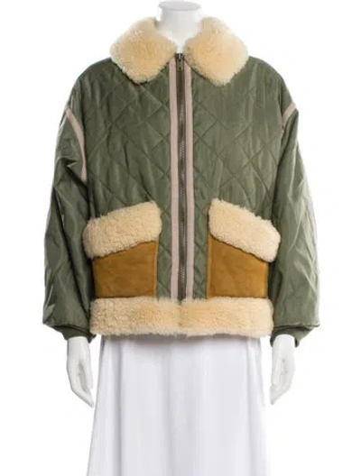 Pre-owned Celine Quilted Aviator Nylon Fur Jacket In Green
