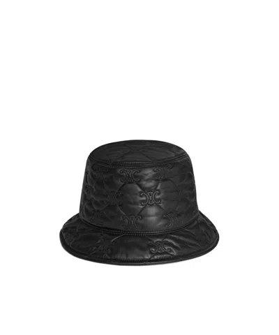 Celine Triomphe Quilted Bucket Hat In Soft Lambskin In Black