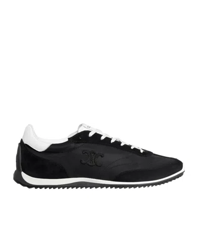 Celine Racer Low Lace-up Sneaker With Triomphe In Nylon, Suede Calfskin And Calfskin In Black