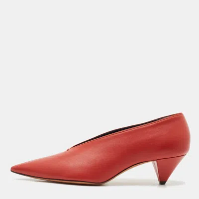Pre-owned Celine Red Brick Leather V Neck Pumps Size 41
