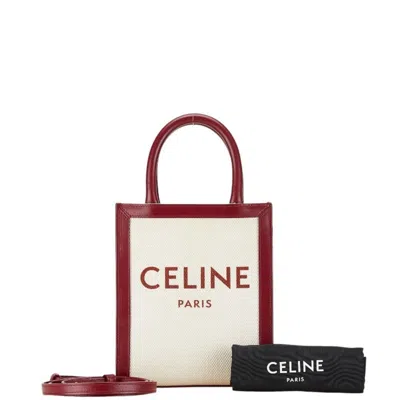 Pre-owned Celine Red Color White Canvas Leather Handbag Shoulder Bag () In Red Color, White