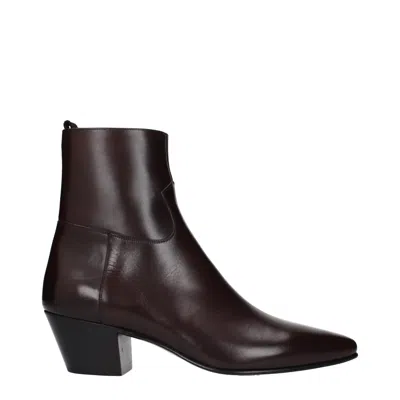 Celine Red Leather Ankle Boots In Brown