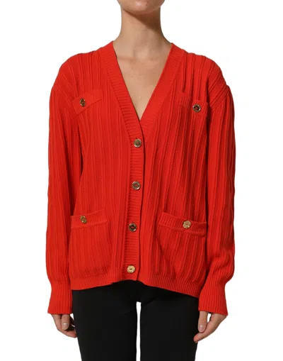 Pre-owned Celine Red Wool Knit Buttonembellished Cardigan Women's Sweater ()